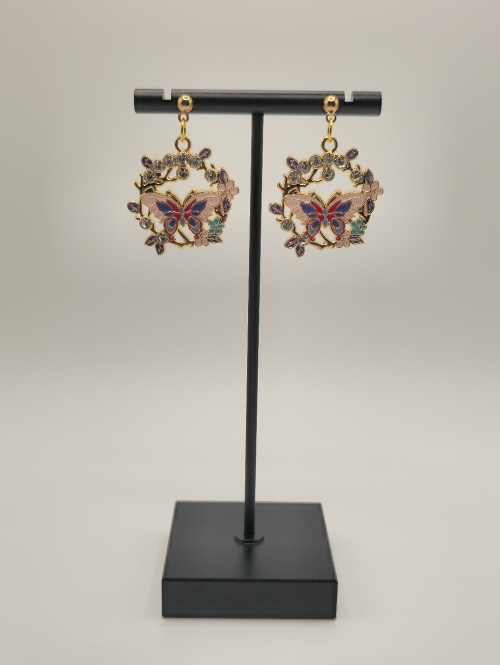 Hand Crafted Gold-Tone Butterfly Floral Drop Earrings